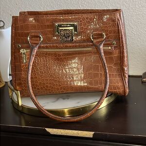 Anne Klein bag vintage tan brown animal snake faux leather gold tone EUC